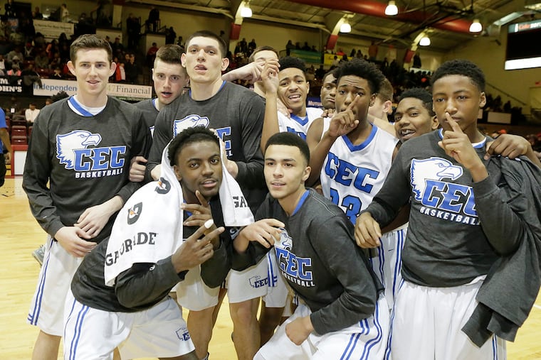 Conwell-Egan players celebrate after winning the Conwell-Egan vs Mastery H.S. District 12 Class AA boys basketball final at St. Joseph's University on Feb. 26, 2016. Conwell-Egan won 70-58. ELIZABETH ROBERTSON / Staff Photographer