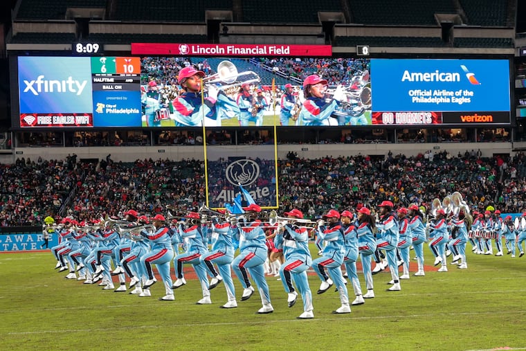 Delaware State's band -- "Approaching Storm" -- plays during halftime at Lincoln Financial Field.