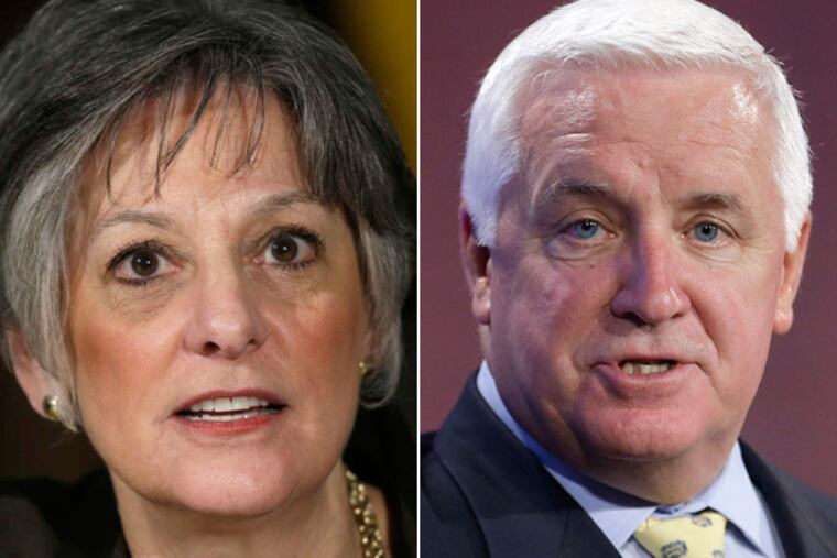 U.S. Rep. Allyson Schwartz (left) is one of eight Democrats vying in the May 20 primary election for the nomination to challenge Gov. Corbett's (right) bid for a second term. (File Photos)