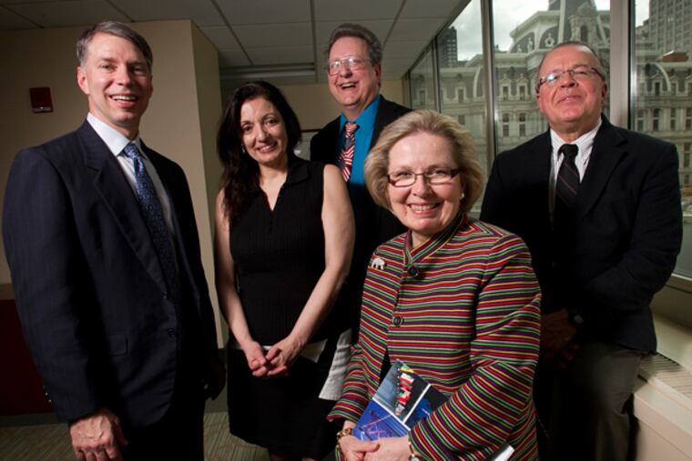 World Trade Center of Greater Philadelphia staff: (From left) Ron Drozd, manager, export services; Graziella DiNuzzo, marketing and program manager; Dale Foote, international trade specialist; Linda Mysliwy Conlin, president; and Dino Ramos, senior vice president, trade services. (ALEJANDRO A. ALVAREZ/STAFF PHOTOGRAPHER)
