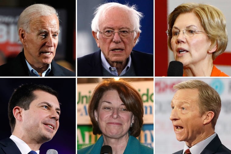 2020 Democratic presidential candidates (clockwise from top left): Former Vice President Joe Biden; Vermont Sen. Bernie Sanders; Massachusetts Sen. Elizabeth Warren; hedge fund manager Tom Steyer; Minnesota Sen. Amy Klobuchar; and former South Bend, Ind. mayor Pete Buttigieg.