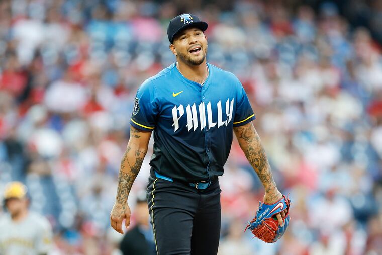 Phillies pitcher Taijuan Walker reacts after the Milwaukee Brewers scored a first-inning run on Friday.