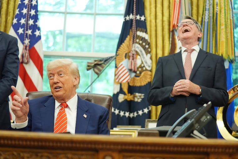 President Donald Trump, left, gets a reaction from Peter Mandelson, Britain's ambassador to the United States, in May 2025. Mandelson was later fired over his ties to Jeffrey Epstein.