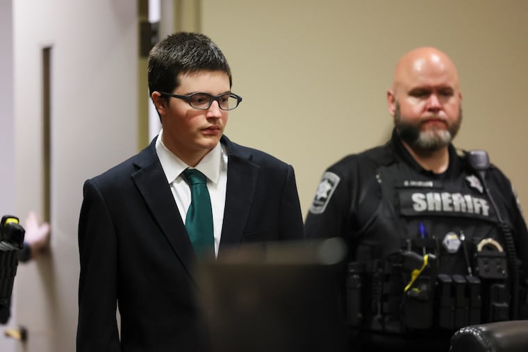 Colt Gray, the 16-year-old Apalachee High School shooting suspect, is led in by deputies for his sentencing at Barrow County Superior Court, Monday, July 27, 2026, in Winder, Ga.