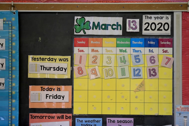 A calendar is still set to the last day students and teachers were in the classroom inside the Chester A. Arthur School in Philadelphia on March 3, 2021, days before some students in the Philadelphia School District returned to classrooms on March 8.