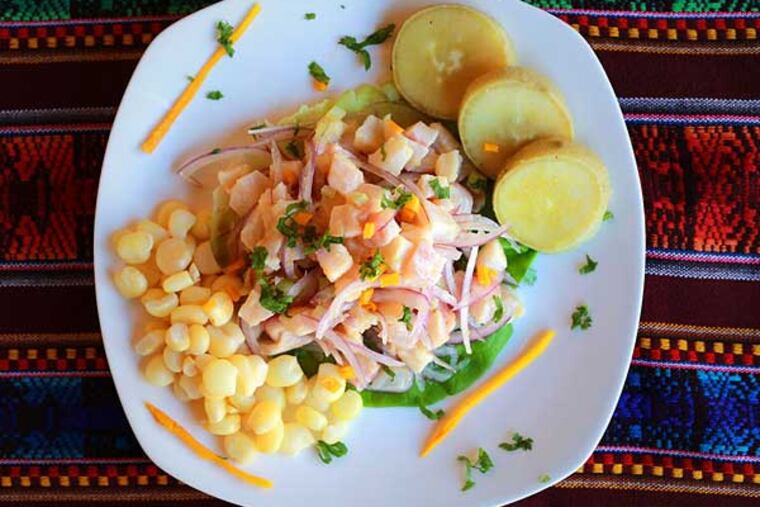 Ceviche requires a two-hour prep. Tilapia is diced and marinated in lime, bitter orange juice, ginger, aji spice.