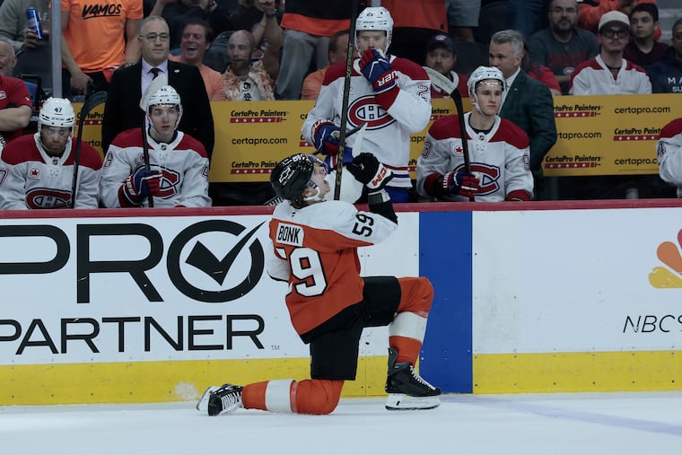 Oliver Bonk celebrates his first NHL goal that put the Flyers ahead 2-0 in the first period.