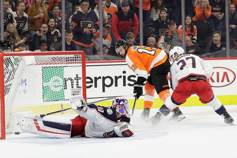 Flyers center Kevin Hayes scoring a third-period, shorthanded goal against Columbus goaltender Joonas Korpisalo in a 7-4 comeback win over the visiting Blue Jackets on Oct. 26.
