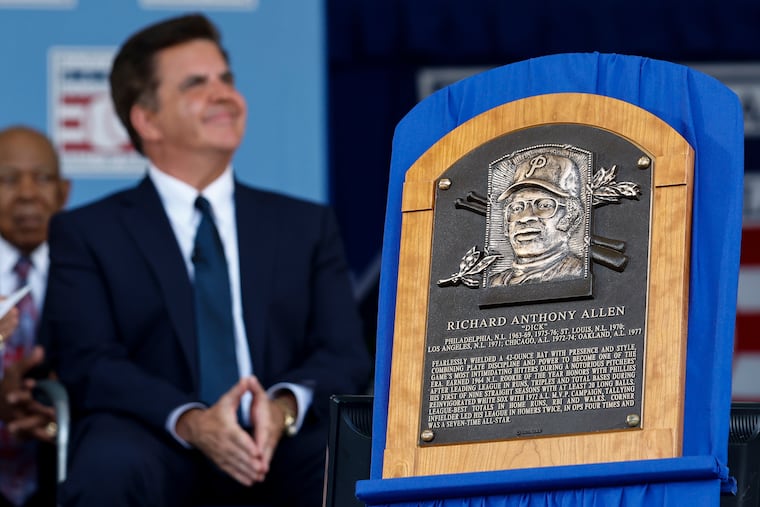 The Dick Allen plaque sits onstage during the Hall of Fame induction ceremony on Sunday in Cooperstown, N.Y.