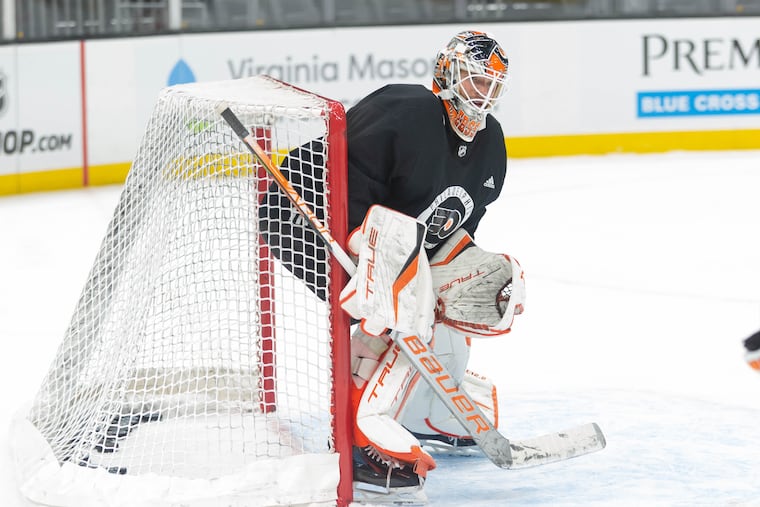 Rookie goalie Samuel Ersson practicing with the Flyers on Wednesday. He was recalled from the Lehigh Valley Phantoms on Feb. 13.