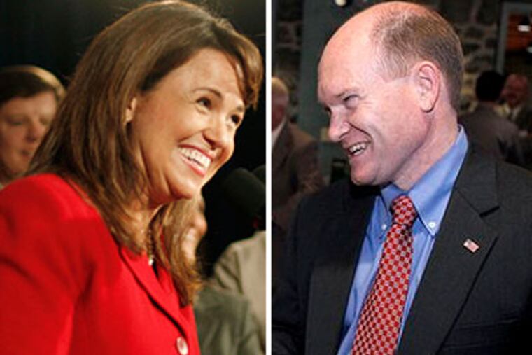 Republican nominee Christine O'Donnell (left) trails by nearly 20 percentage points to Democrat Chris Coons, according to the latest poll of the Delaware Senate race. (AP Photos)
