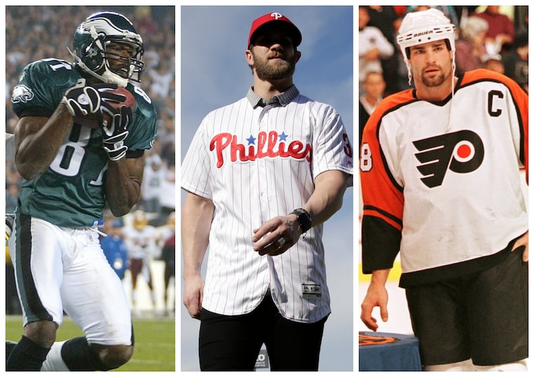 From left: Former Eagles receiver Terrell Owens, the Phillies' Bryce Harper, and former Flyer Eric Lindros.