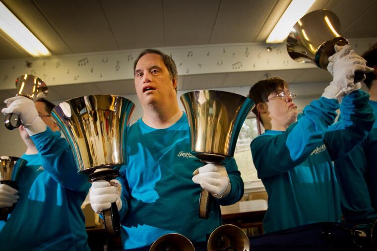 From left are David, Ron and Meg, Joy Bell musicians rehearsing for a concert at the Kimmel Center in Center City Philadelphia. ( ALEJANDRO A. ALVAREZ / STAFF PHOTOGRAPHER )