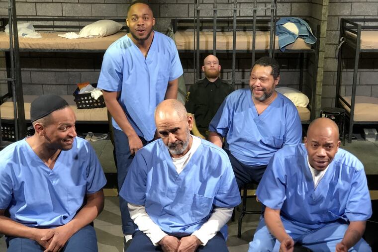 Left to right: (Back row) Ronnie Baker Jr., Steve Lunger, James Tolbert III; (front row) Carlo Campbell, Monroe Barrick, and Eric Carter in "V to X" by Kash Goins, through April 15 at the Bob and Selma Theatre, Arden Theatre Company.