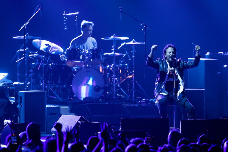 Eddie Vedder and Pearl Jam perform at the Freedom Mortgage Pavilion on Sept. 14, 2022. The band sat through the first 4 songs.