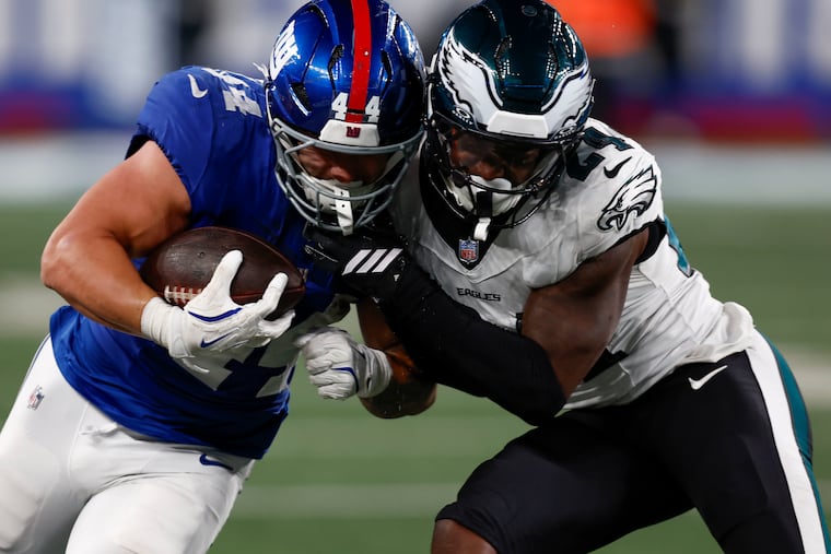 Giants running back Cam Skattebo totalled 110 yards and three touchdowns on Oct. 9 against the Eagles.
