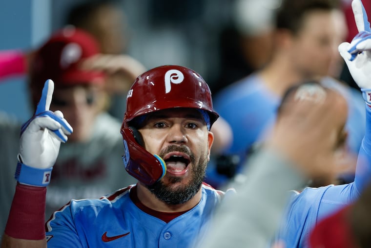 The Phillies' Kyle Schwarber celebrates after hitting a 455-foot home run in the fourth inning of Game 3 on Wednesday in Los Angeles.