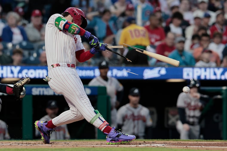 Phillies Bryce Harper grounds out after breaking his bat in the bottom of the first inning of Saturday's home game against the Atlanta Braves.