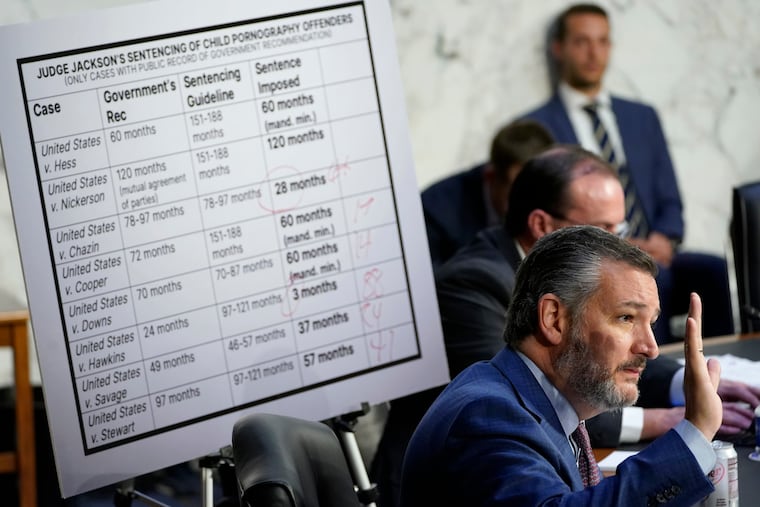 Sen. Ted Cruz (R., Texas) asks a question of Supreme Court nominee Judge Ketanji Brown Jackson before the Senate Judiciary Committee on Capitol Hill in Washington, March 23, 2022, during her confirmation hearing.