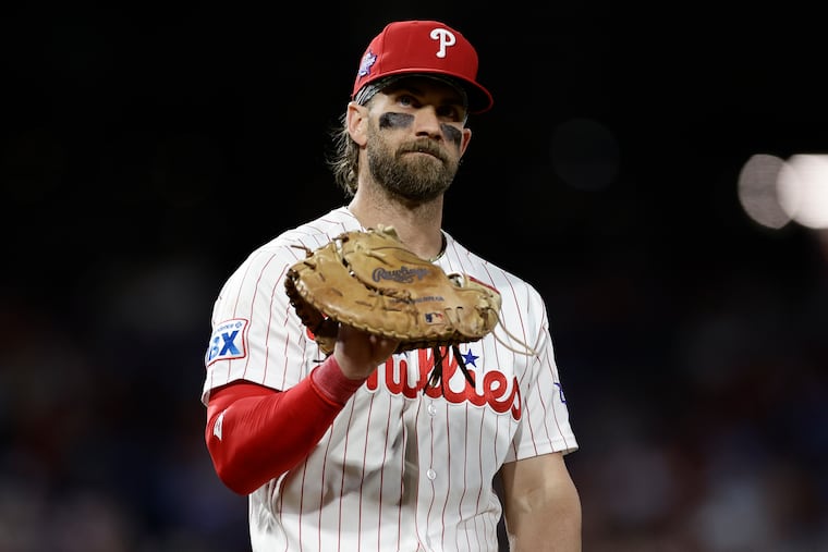 Phillies first baseman Bryce Harper during a break against the Miami Marlins on Monday, June 15, 2026 in Philadelphia.