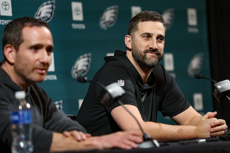 Eagles head coach Nick Sirianni (right) during a press conference with Howie Roseman at the NovaCare Complex on Wednesday.