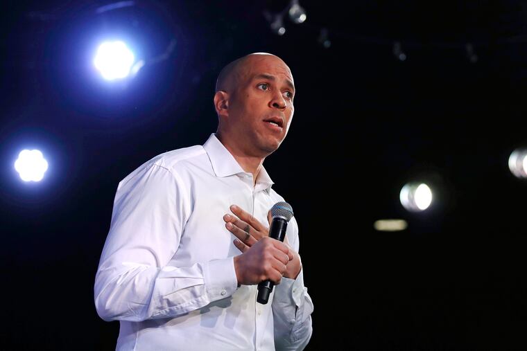 U.S. Sen. Cory Booker, D-N.J., addresses a gathering during a campaign stop in Portsmouth, N.H., Saturday, Feb. 16, 2019. (AP Photo/Charles Krupa)