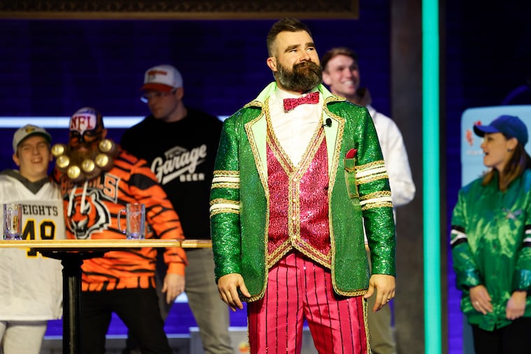 Former Eagles center Jason Kelce looks at audience members while finish tapping Kelce's new "They Call It Late Night with Jason Kelce" show on ESPN.
