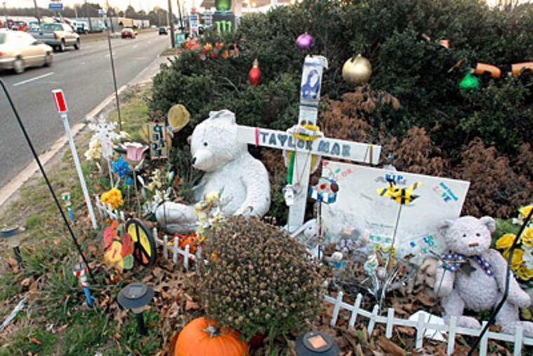 A memorial on Route 130 near Westfield Avenue in Pennsauken honors Taylor Murphy, who died there.