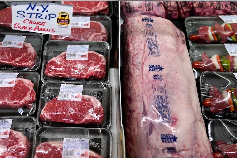 FILE - In this Tuesday, June 15, 2021 file photograph, beef is displayed in the meat department at Lambert's Rainbow Market, in Westwood, Mass. Wholesale inflation in the United States surged again last month, rising 9.7% from a year earlier in a sign that price pressures remain high at all levels of the economy. Some firms are already betting those cost increases will be around for longer than many economists are predicting. (AP Photo/Charles Krupa)