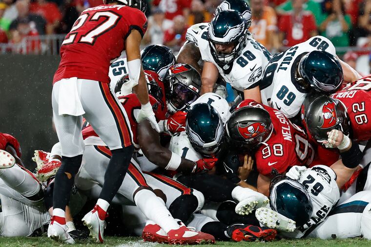 Eagles quarterback Jalen Hurts scores a third quarter touchdown against the Tampa Bay Buccaneers in Week 3.