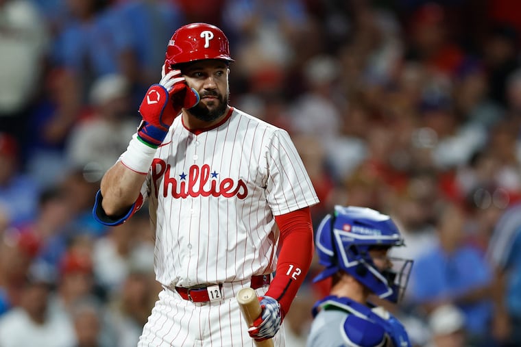 Phillies designated hitter Kyle Schwarber reacts after striking out against the Dodgers in Game 2 on Monday.