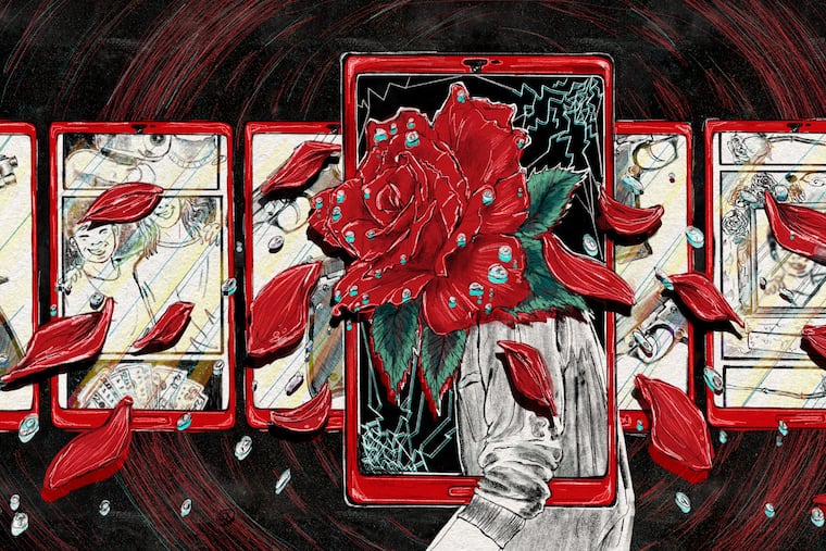 A digital drawing, made with black pencil and red and neon-blue gouache, shows a teenager standing in the center.