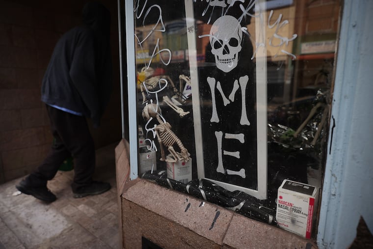 Narcan, used to treat opioid overdoses, displayed along Kensington Avenue in Philadelphia. Emergency room doctors are worried about treating people with addiction as a veterinary tranquilizer causing severe withdrawal symptoms rapidly spreads in the drug supply.