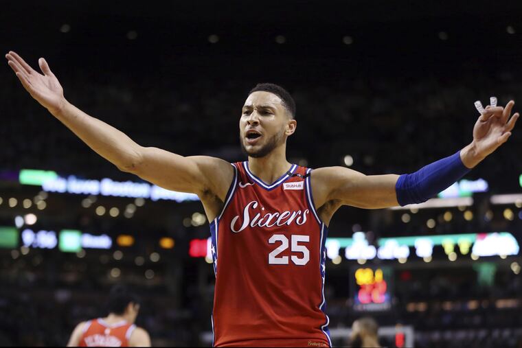 Ben Simmons, seen here complaining during an April game against the Boston Celtics, received just one third-place vote for Rookie of the Year.