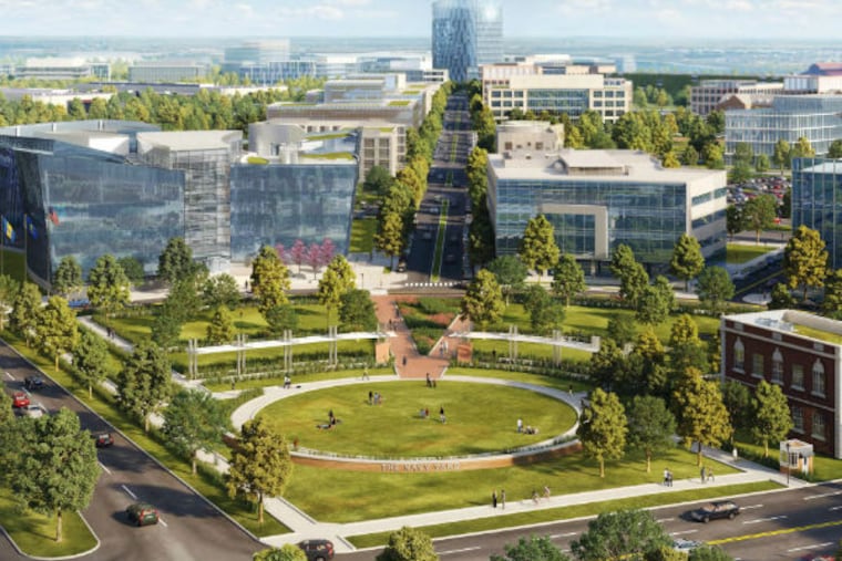An architectural rendering of the Navy Yard development looking southeast from the main entrance at the corner of Broad Street and League Island Blvd (Lo Spiedo restaurant in the low brick building alongside the circle, Rouse Boulevard is central road emanating away from the circle in foreground); from The Navy Yard Master Plan 2013 Update. (Credit: Robert A.M. Stern Architects / PIDC. Source: http://www.navyyard.org/about-the-campus/master-plan/)