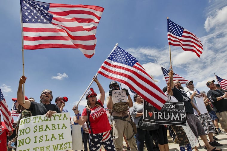 In June, anti-Sharia protesters chanted “USA!” and waved signs, including one that said “Islam is not American,” near the Inland Regional Center in San Bernardino, Calif., where a Pakistani American couple fatally shot 14 people in 2015.