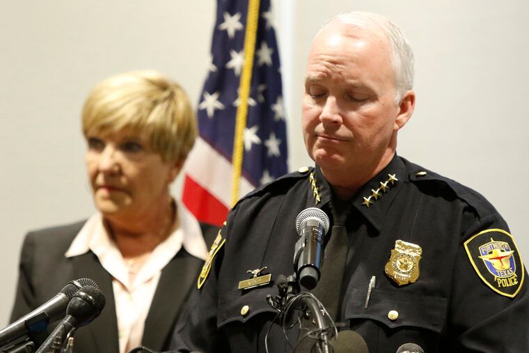 Fort Worth Mayor Betsy Price (left) and the city's interim Police Chief Ed Kraus (right) at a news conference on Oct. 14.