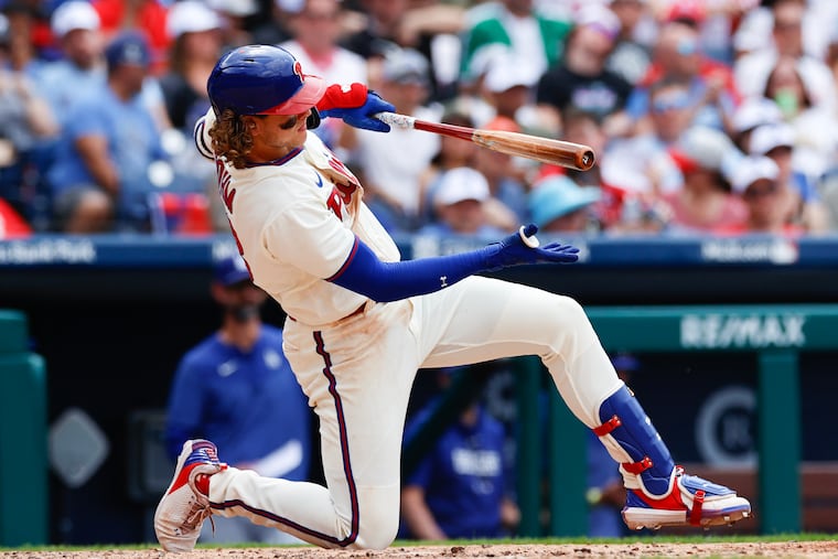 Phillies Alec Bohm takes a knee after striking out to end the fifth inning against the Los Angeles Dodgers on Sunday, June 11, 2023 in Philadelphia.