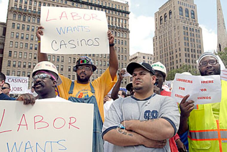 Demonstrators at a Center City rally to protest delays in building casinos in Philadelphia on May 9, 2007. There is an urgency now to get casino revenues flowing in the city. (April Saul/Inquirer)