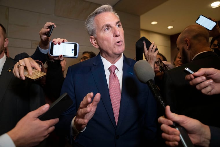 House Minority Leader Kevin McCarthy, of Calif., talks to reporters Tuesday on Capitol Hill in Washington.