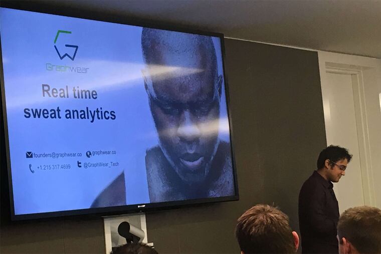 Rajatesh Gudibande, cofounder of GraphWear Technologies Inc., pitches a stick-on patch and companion wireless device that monitors body sweat for dehydration, glucose, and lactic acid.