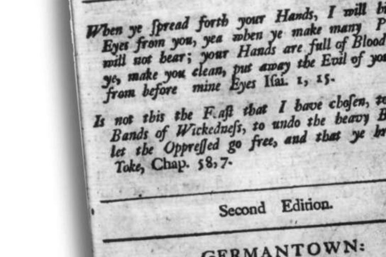 A 1760 Quaker extract of "observations on the inslaving, importing and purchasing of Negroes."