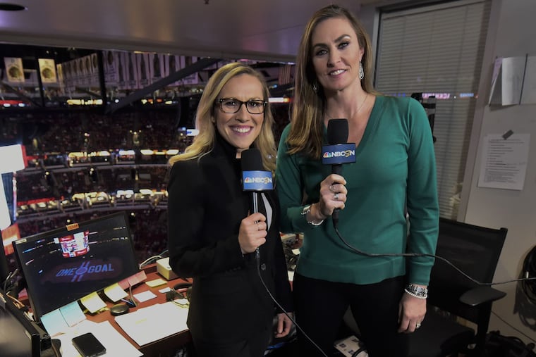 NBC Sports Philadelphia has hired Kate Scott (left) as its new Sixers play-by-play announcer, replacing the retiring Marc Zumoff. Scott is seen here next to A.J. Mleczko during an NHL game in March 2020.