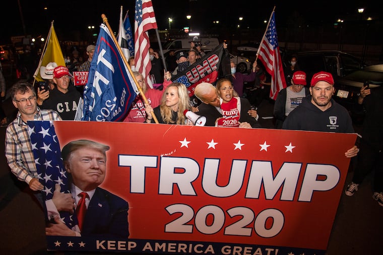 Trump supporters protest outside the Democratic presidential candidate former Vice President Joe Biden headquarters in Wilmington, Delaware. Friday, November 6, 2020.