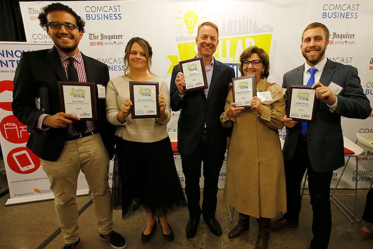 Among the Stellar StartUps (from left) were Mohamed Zerban of Tern Water, Melissa Bilash of the Grayson School, Andrew Chambers of Renterval, Elly Engel of Arcadian Telepsychiatry, and Jason Halpern of Gridless Power. A sixth honoree was ThirdEye Technologies.