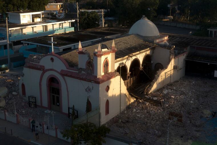 View of the earthquake-damaged Catholic Church on Jan. 9, 2020, in the town of Guayanilla on the southern coast of Puerto Rico. A 5.0 magnitude earthquake hit on Saturday around the southern coastal town, located close to the epicenters of most of the recent earthquakes.