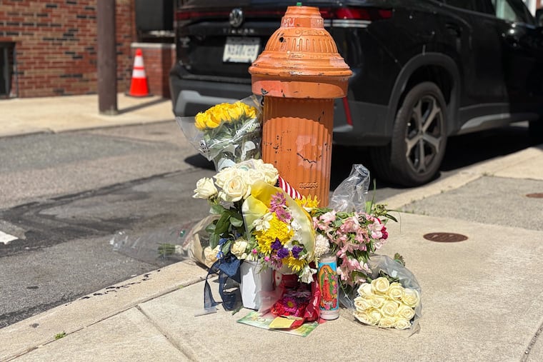 White, yellow, pink, and purple flowers have been placed by neighbors at the corner of 20th and Durfor Streets in memory of William J. Schmidt, who died Saturday after he was shot, police said. An unlit candle of Our Lady of Guadalupe stands in the middle.