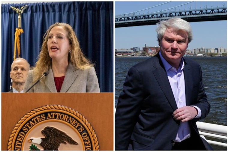 Jennifer Arbittier Williams, assistant United States attorney with the Criminal Division of the U.S. Attorney's Office in Philadelphia, left, details the results of an investigation into IBEW Local 98 and its leader, John Dougherty, right.