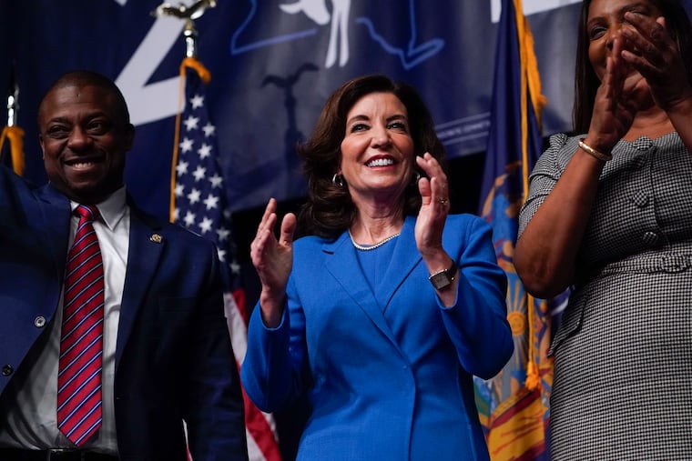 New York Gov. Kathy Hochul, center, with supporters during the New York State Democratic Convention on Feb. 17.