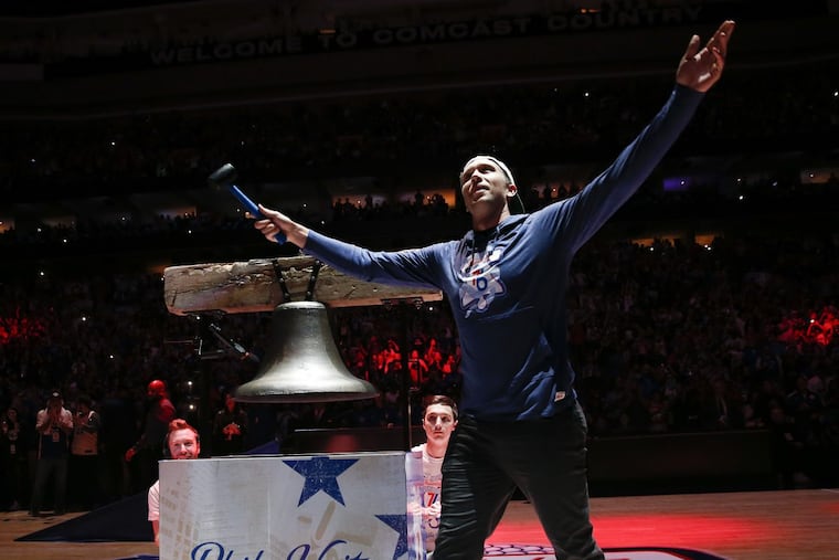 Eagles quarterback Nick Foles pumps up the Wells Fargo Center crowd before ringing the ceremonial bell before Game 3 of the Eastern Conference semifinals.